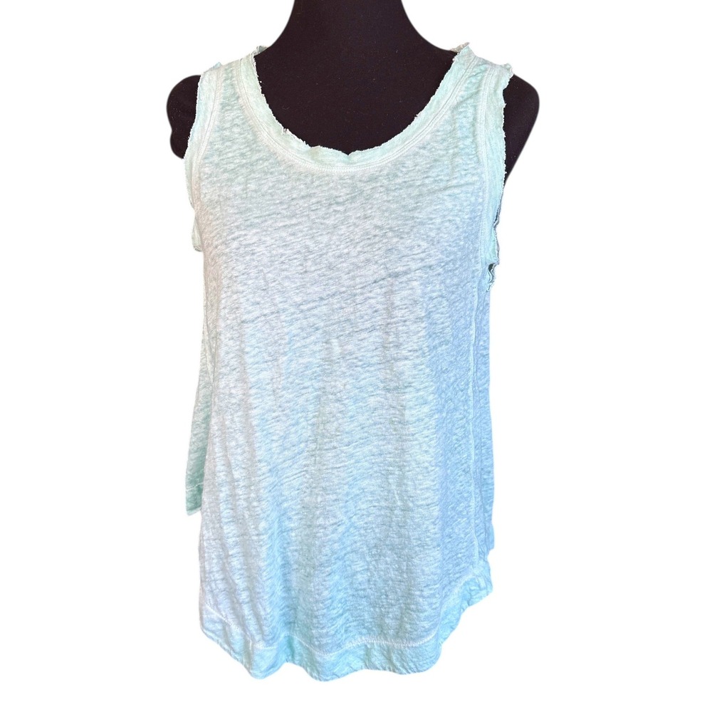 White + Warren 100% Linen Curved Hem Tank, Large, Aqua/Mint, Contemporary Luxury